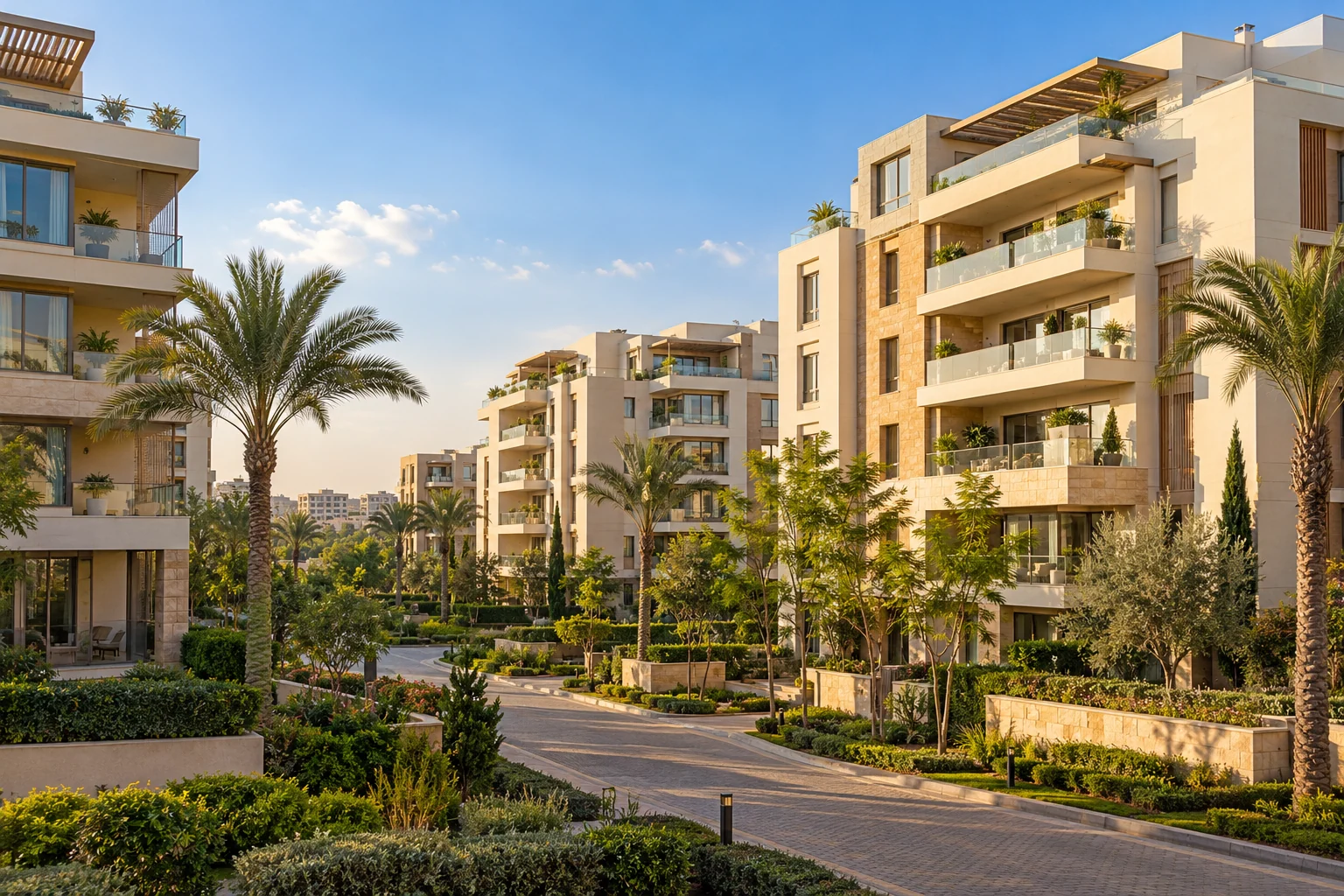 Illustrative residential apartment buildings and landscaped grounds in an Egyptian setting