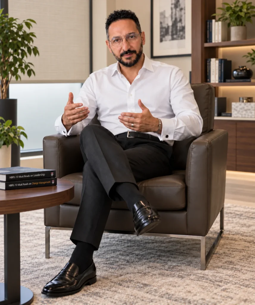Haitham El Husseiny, Founder and CEO, in the beige and mahogany office setting