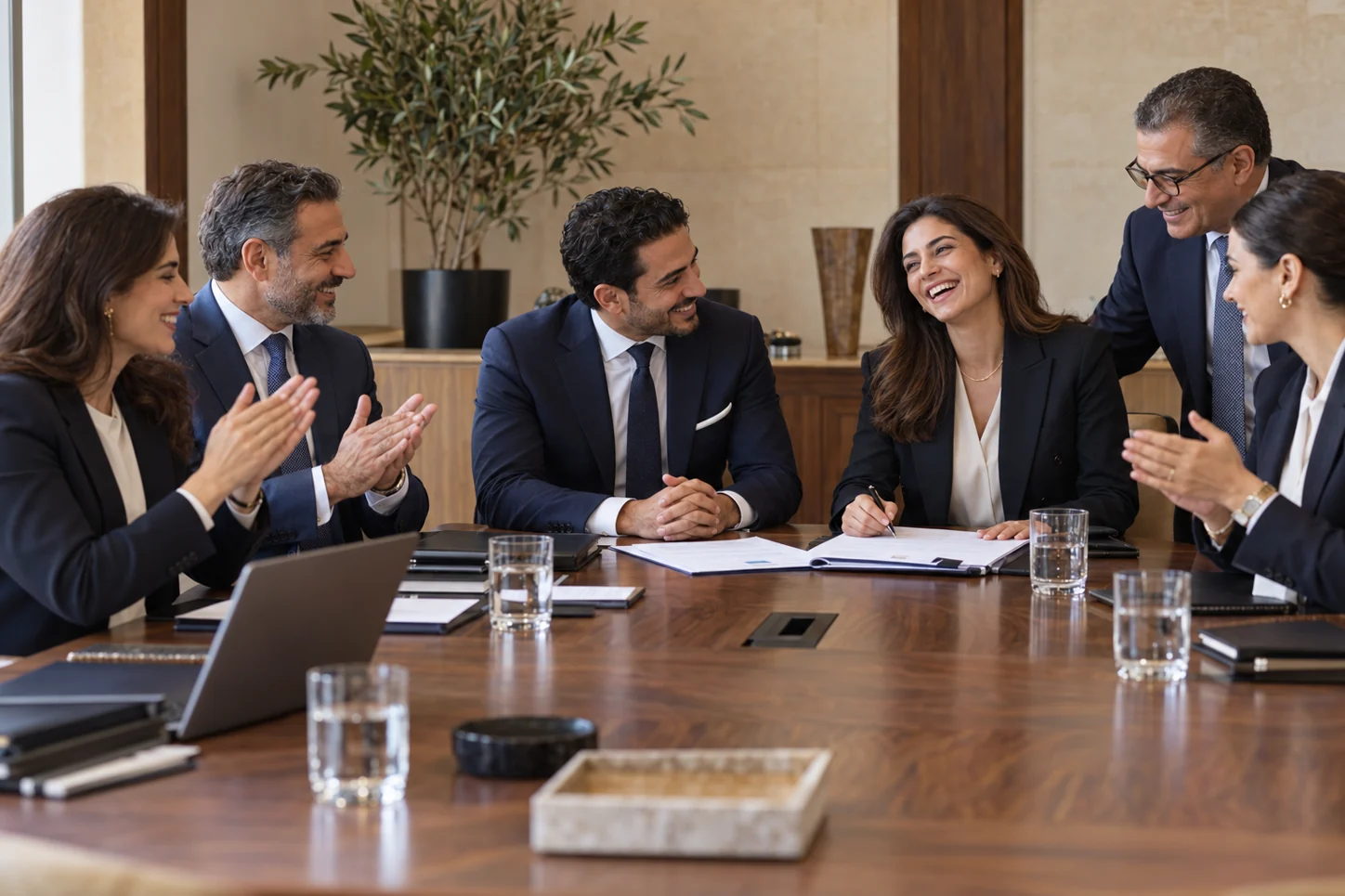 Professionals smiling, laughing and applauding in a meeting room